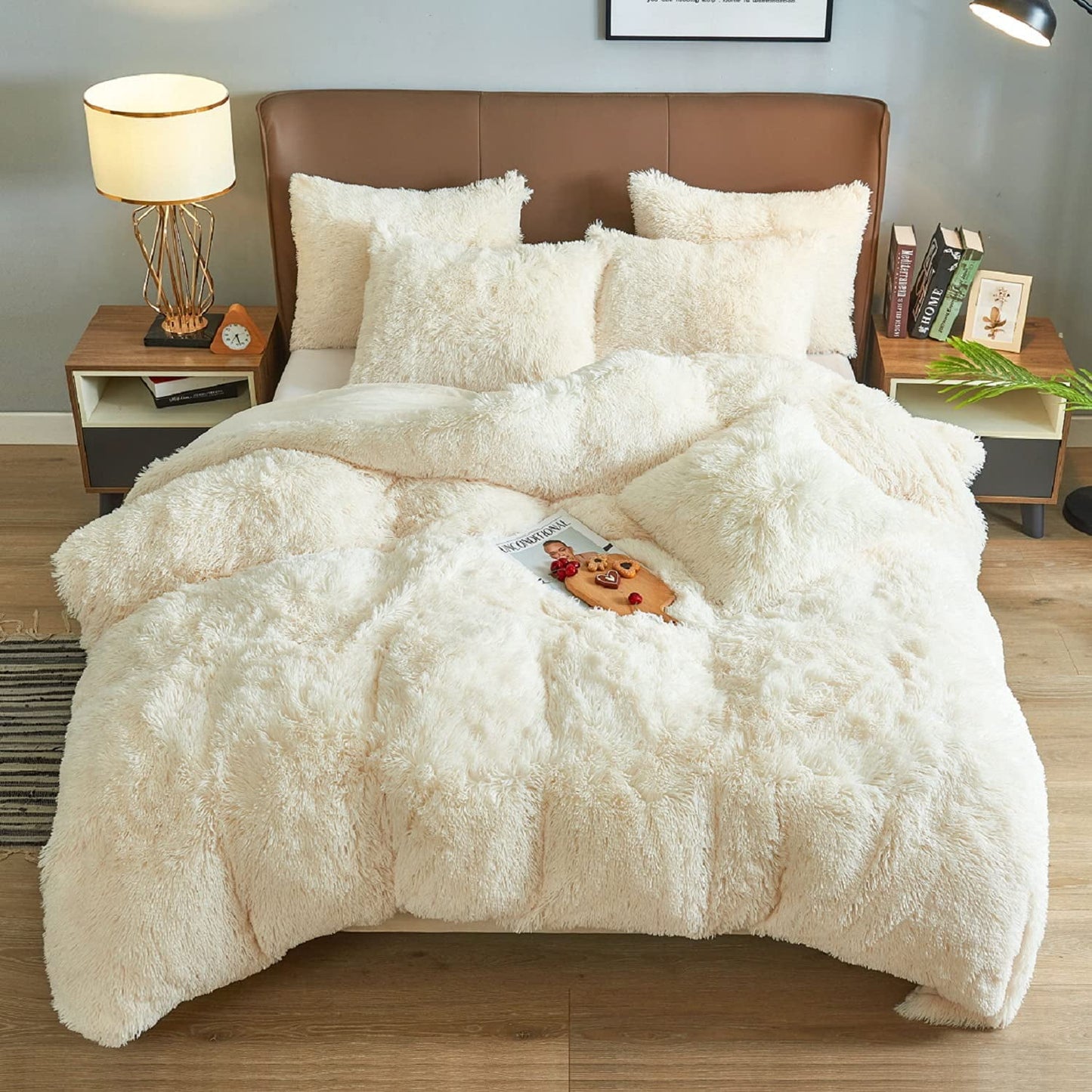 BLEUM CADE Luxury Fluffy Fuzzy Twin Bedding Comforter Set，3 Pieces Shaggy Duvet Cover Set，Furry Plush Velvet Comforter Cover with Zip Closure，Twin，Creamy-White