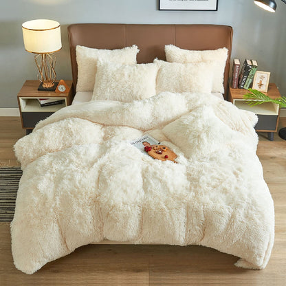 BLEUM CADE Luxury Fluffy Fuzzy Twin Bedding Comforter Set，3 Pieces Shaggy Duvet Cover Set，Furry Plush Velvet Comforter Cover with Zip Closure，Twin，Creamy-White
