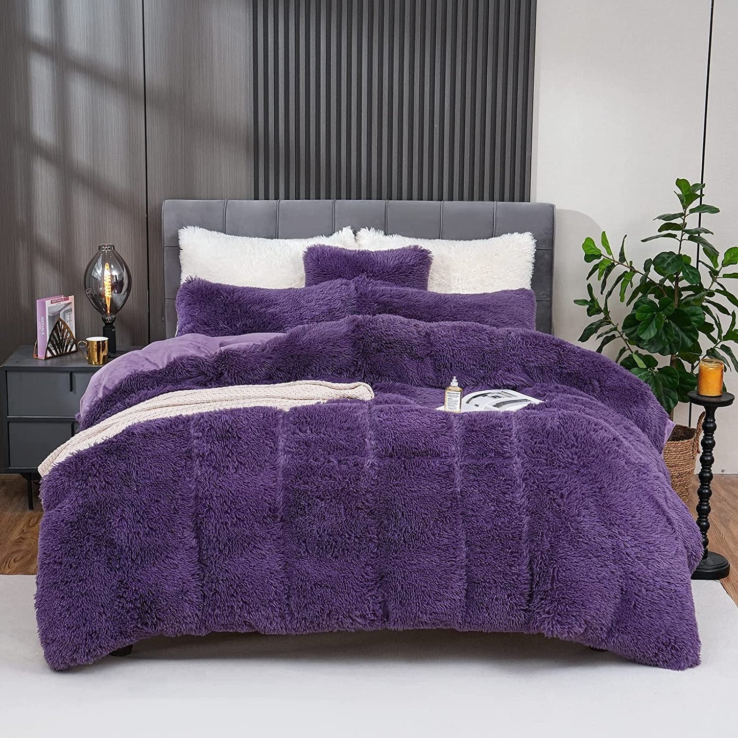 BLEUM CADE Luxury Fluffy Fuzzy Queen Bedding Comforter Set?4 Pieces Shaggy Duvet Cover Set?Furry Plush Velvet Comforter Cover with Zip Closure?Queen?Light Grey