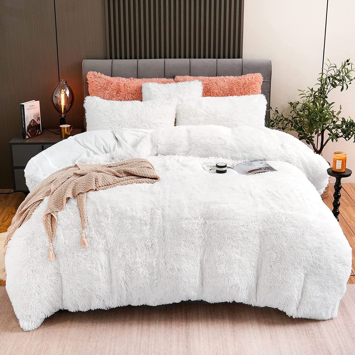 BLEUM CADE Luxury Fluffy Fuzzy Queen Bedding Comforter Set?4 Pieces Shaggy Duvet Cover Set?Furry Plush Velvet Comforter Cover with Zip Closure?Queen?Light Grey
