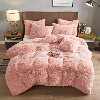 BLEUM CADE Luxury Fluffy Fuzzy Queen Bedding Comforter Set,3 Pieces Shaggy Duvet Cover Set,Furry Plush Velvet Comforter Cover with Zip Closure,White