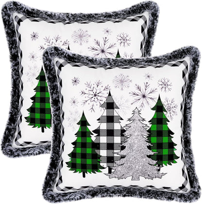 BLEUM CADE Christmas Throw Pillow Covers 18 x 18 inch Snowflakes Xmas Tree Buffalo Plaid Pillow Covers Set of 2,Winter Holiday Decorative Pillow Cases