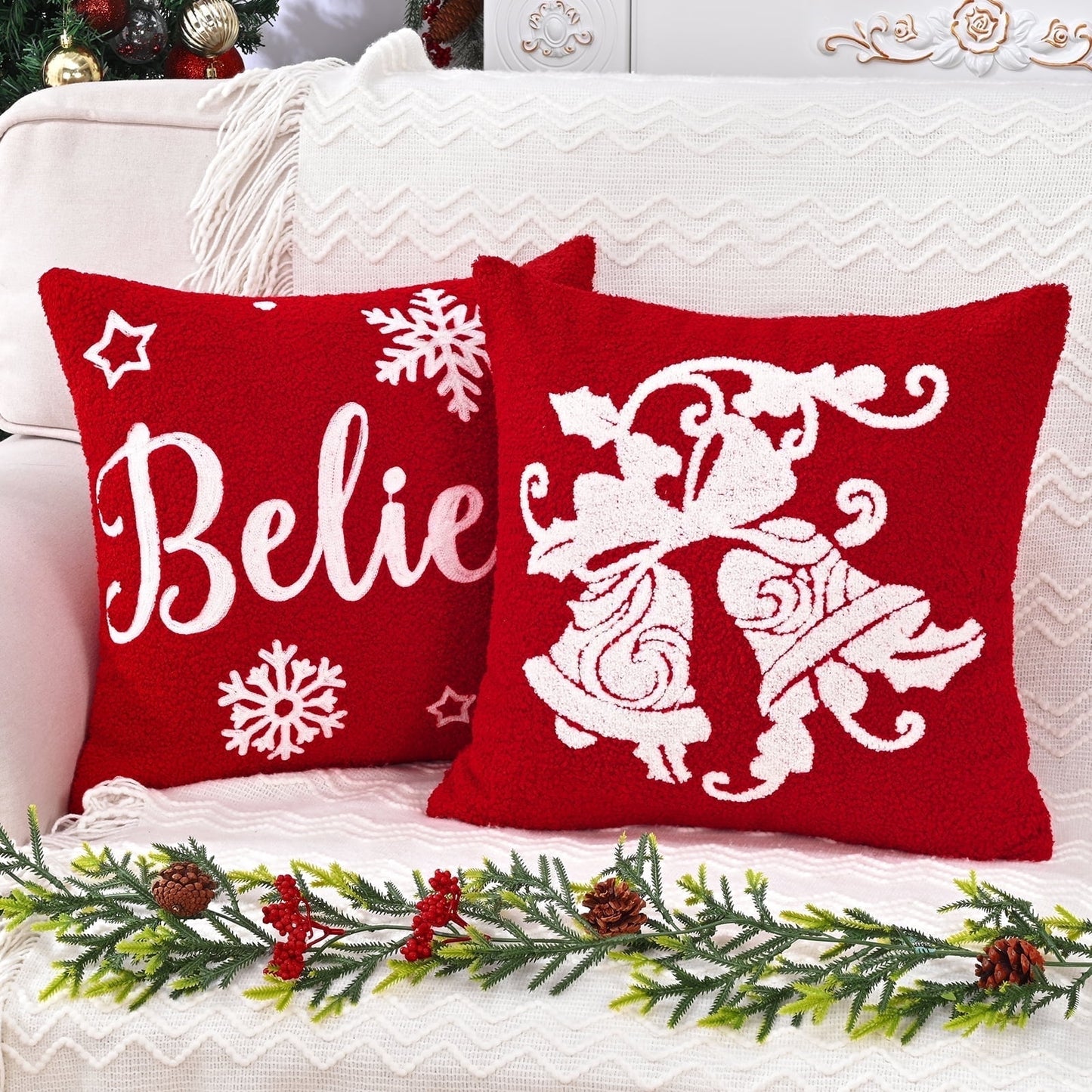 BLEUM CADE Christmas Throw Pillow Covers 18 x 18 inch Snowflakes Xmas Tree Buffalo Plaid Pillow Covers Set of 2,Winter Holiday Decorative Pillow Cases