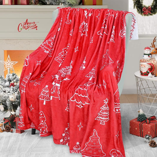 BLEUM CADE Reversible Christmas Throw Blanket for Couch,Red Christmas Blanket Soft Flannel Xmas Tree Blanket, 50 x 60 Inch