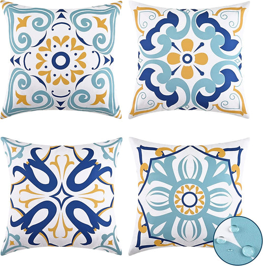 BLEUM CADE Set of 4 Floral Throw Pillow Covers, Outdoor Decorative Pillow Covers, Waterproof Cushion Cover for Couch Bed,18"x18"