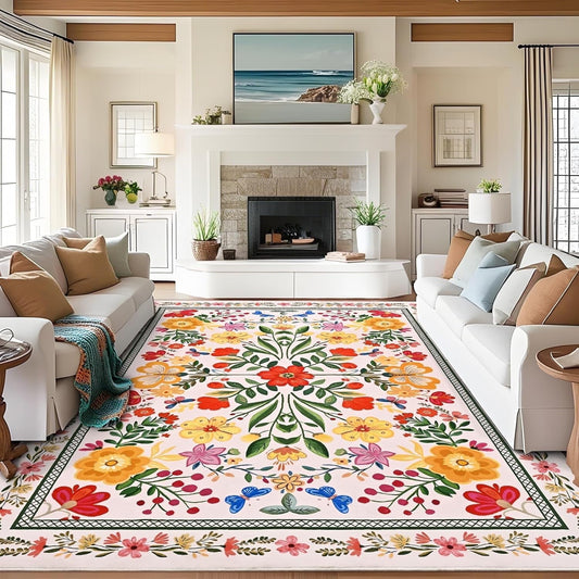 Bleum Cade 8'x10' Area Rugs for Living Room, Washable Rugs Modern Rugs for Bedroom Dinning Room,Boho Floral Rug Ultra Soft Non Slip Durable Large Carpet Home Decor,Beige