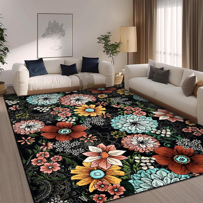 Bleum Cade Floral Area Rug for Living Room 5x7, Boho Washable Rug, Soft Faux Wool Indoor Rug Carpet for Living Room Bedroom, Black