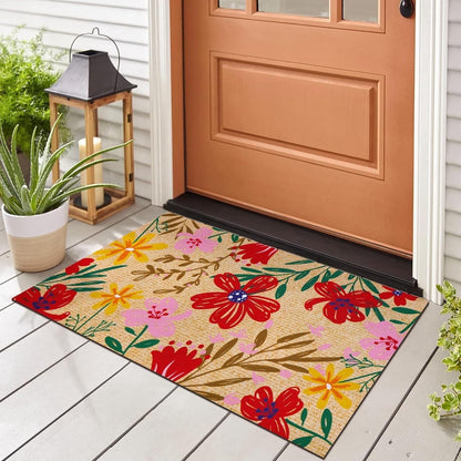 BLEUM CADE Black Cat Welcome Mat,Non Slip Low Profile Front Door Mat, Cat Floral Doormat for Front Door Porch Outdoor Patio,18" x 30"