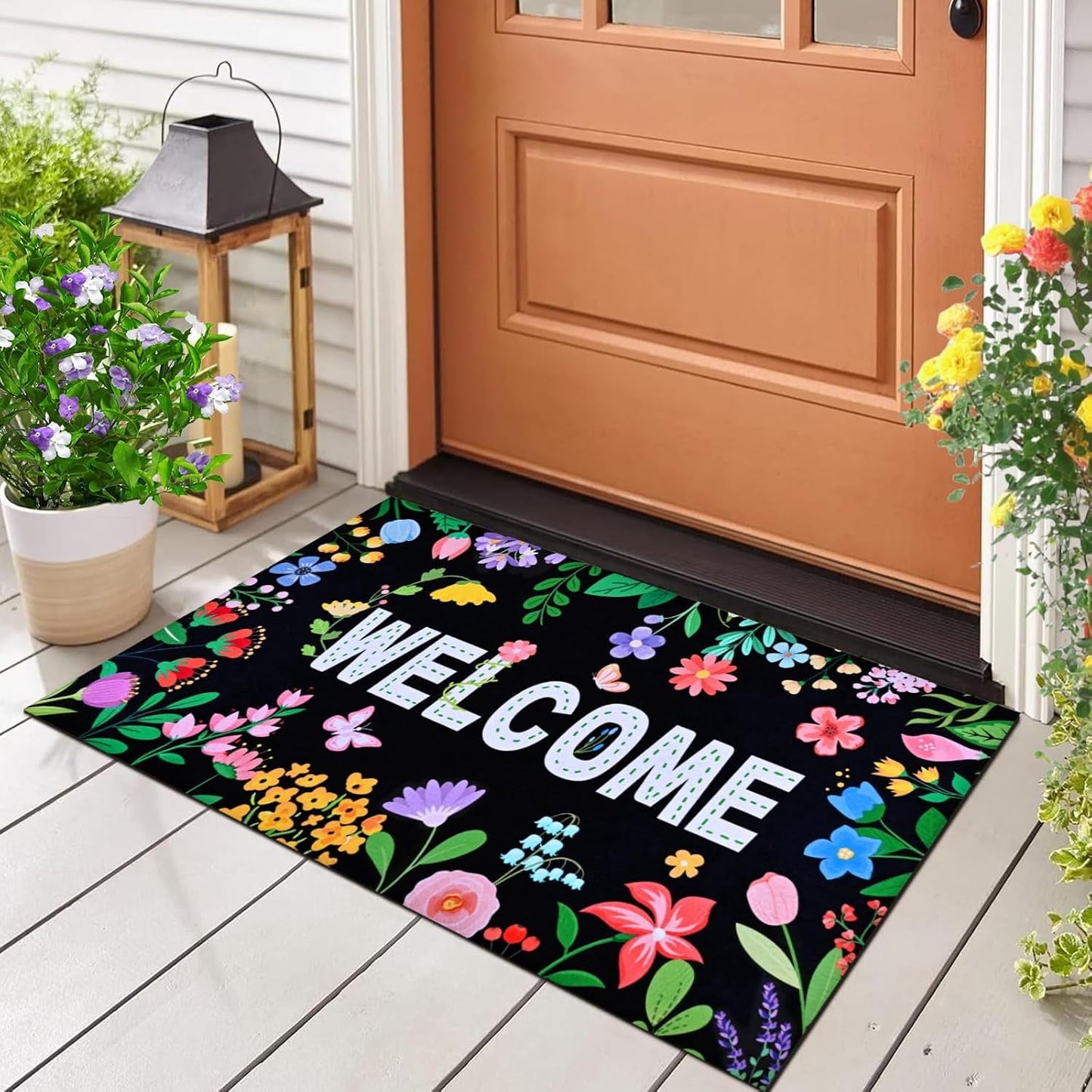 BLEUM CADE Spring Door Mat Low Profile Welcome Mat,Non Slip Rubber Backing Outside Door Mats Black Floral for Front Door,Patio,Entryway,18" x 30"