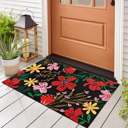 BLEUM CADE Black Cat Welcome Mat,Non Slip Low Profile Front Door Mat, Cat Floral Doormat for Front Door Porch Outdoor Patio,18" x 30"