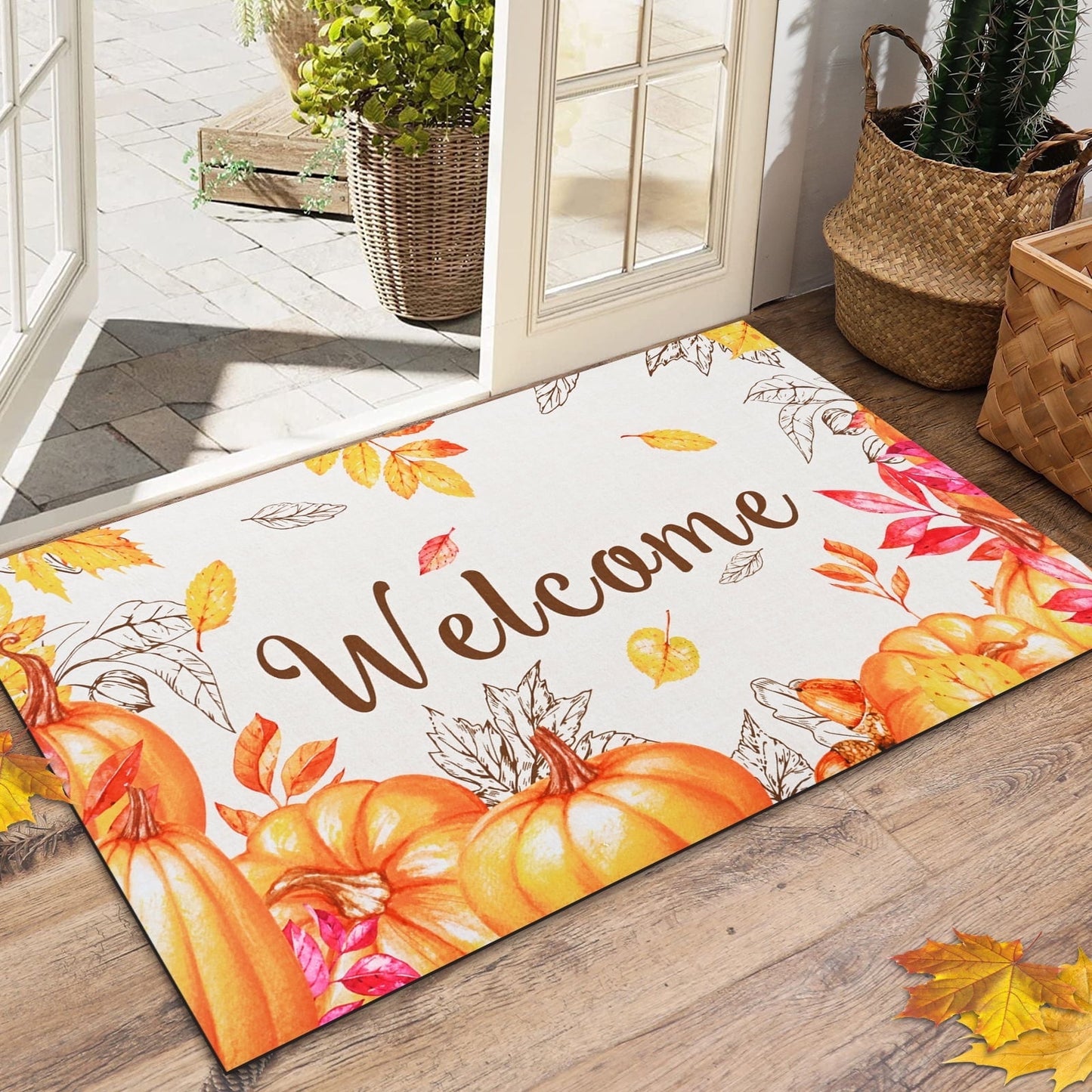 BLEUM CADE Fall Welcome Mats Doormat Outdoor, Thanksgiving Non Slip Low Profile Entrance Mat for Outside Patio,18 x 30 inches