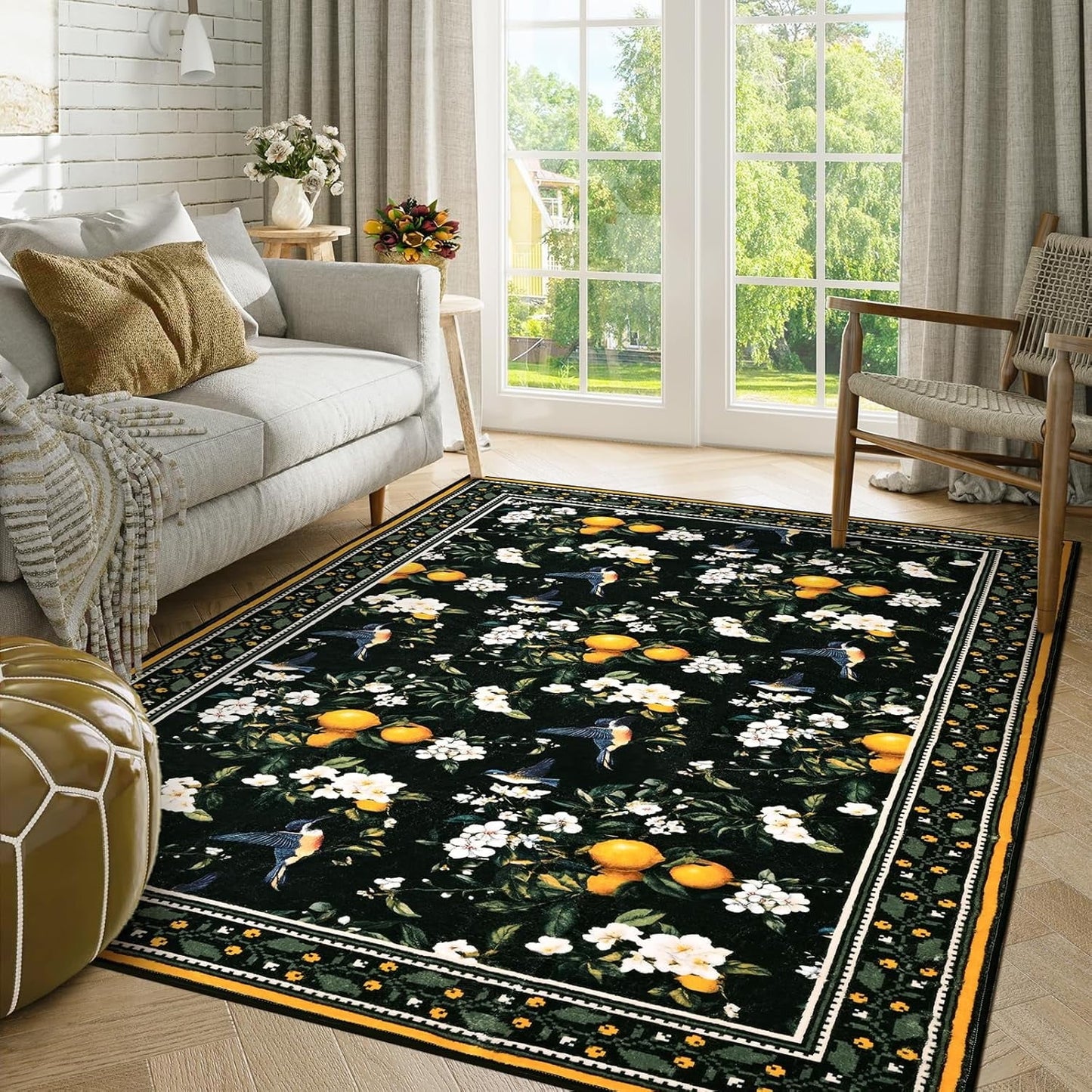 BLEUM CADE Vintage Floral Area Rug 3x5 Hummingbird Washable Non Slip Rug Foldable Low Pile Lemon Carpet for Living Room,Black