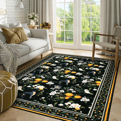 BLEUM CADE Vintage Floral Area Rug 3x5 Hummingbird Washable Non Slip Rug Foldable Low Pile Lemon Carpet for Living Room,Black