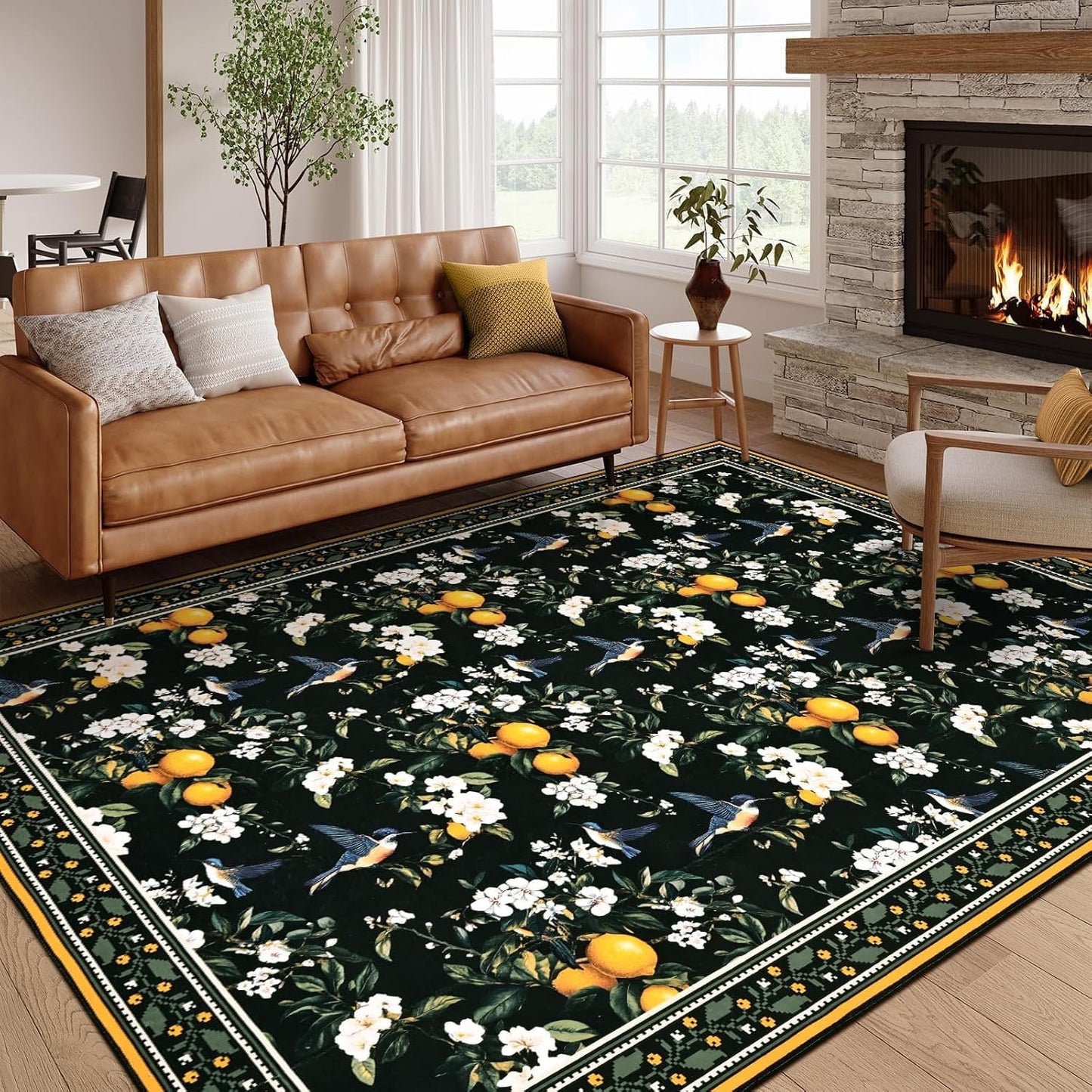 BLEUM CADE Yellow Floral Area Rug 2x3 Hummingbird Spring Foldable Vintage Rug Outdoor Lemon Welcome Mat with Rubber Backing