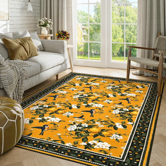 BLEUM CADE Yellow Floral Area Rug 3x5 Hummingbird Foldable Vintage Rug with Rubber Backing Outdoor Indoor Lemon Carpet for Bedding Room