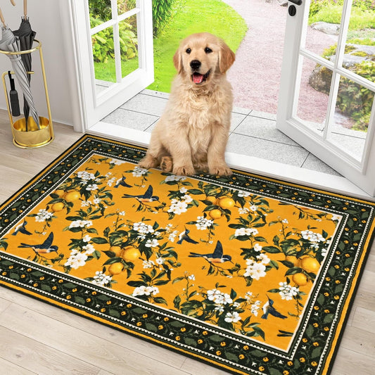 BLEUM CADE Yellow Floral Area Rug 2x3 Hummingbird Spring Foldable Vintage Rug Outdoor Lemon Welcome Mat with Rubber Backing