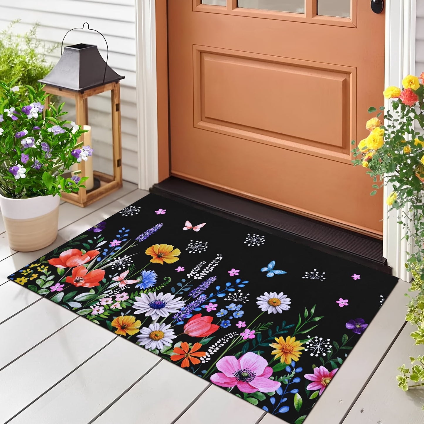 BLEUM CADE Spring Door Mat Low Profile Welcome Mat,Non Slip Rubber Backing Outside Door Mats Black Floral for Front Door,Patio,Entryway,18" x 30"