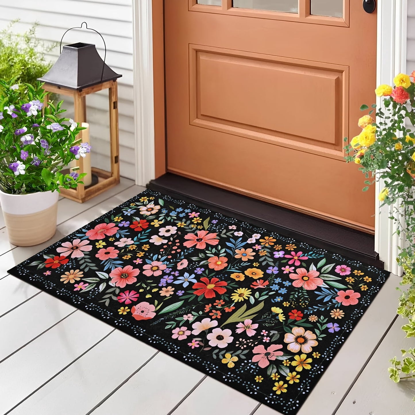 BLEUM CADE Spring Door Mat Low Profile Welcome Mat,Non Slip Rubber Backing Outside Door Mats Green Floral for Front Door,Patio,Entryway,18" x 30"