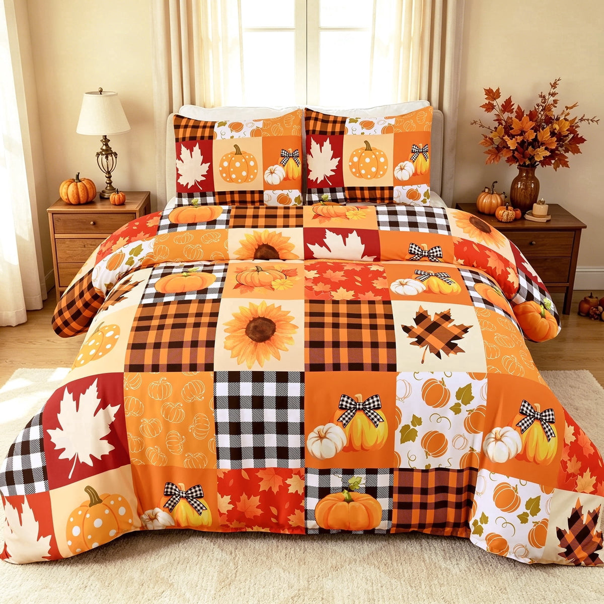 Bleum Cade 3 Piece Fall Duvet Cover Set King Size,Thanksgiving Pumpkin Maple Leaves Patchwork Lightweight Comforter Cover Set,Soft Cozy Bedding Cover for Home Decor(90"x 104")