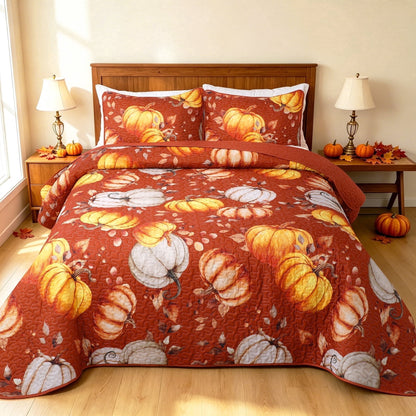 BLEUM CADE 3 Pieces Fall Quilt Set King Size, Thanksgiving Pumpkin Maple Leaves Plaid Bedding Set , Soft Lightweight Bedspread Coverlet Set King