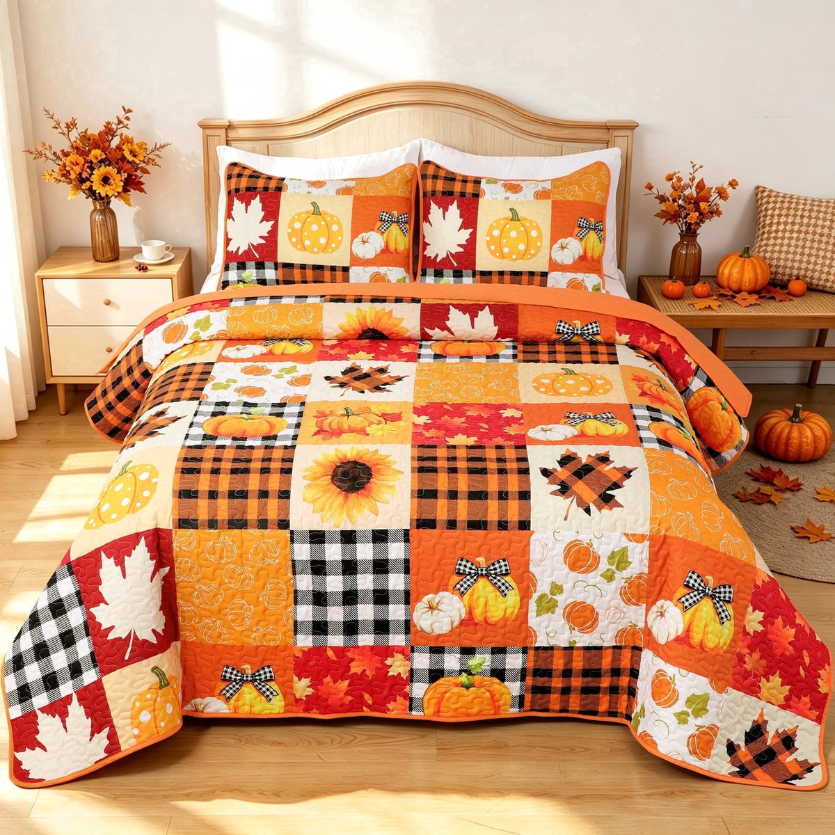BLEUM CADE 3 Pieces Fall Quilt Set King Size, Thanksgiving Pumpkin Maple Leaves Plaid Bedding Set , Soft Lightweight Bedspread Coverlet Set King