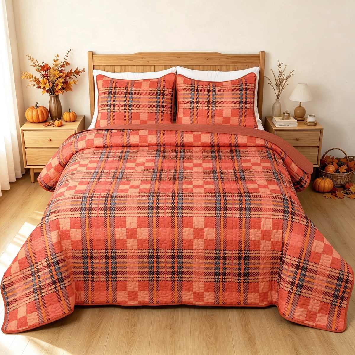 Bleum Cade Fall Quilt Set 3 Pieces King Size, Thanksgiving Blue & Yellow Pumpkins Bedding Set,Soft Lightweight Coverlet Set for King Bed,(Off-white,90"x 104")