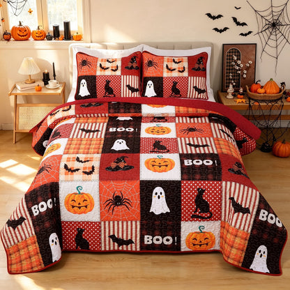 Bleum Cade Fall Quilt Set 3 Pieces King Size, Thanksgiving Blue & Yellow Pumpkins Bedding Set,Soft Lightweight Coverlet Set for King Bed,(Off-white,90"x 104")