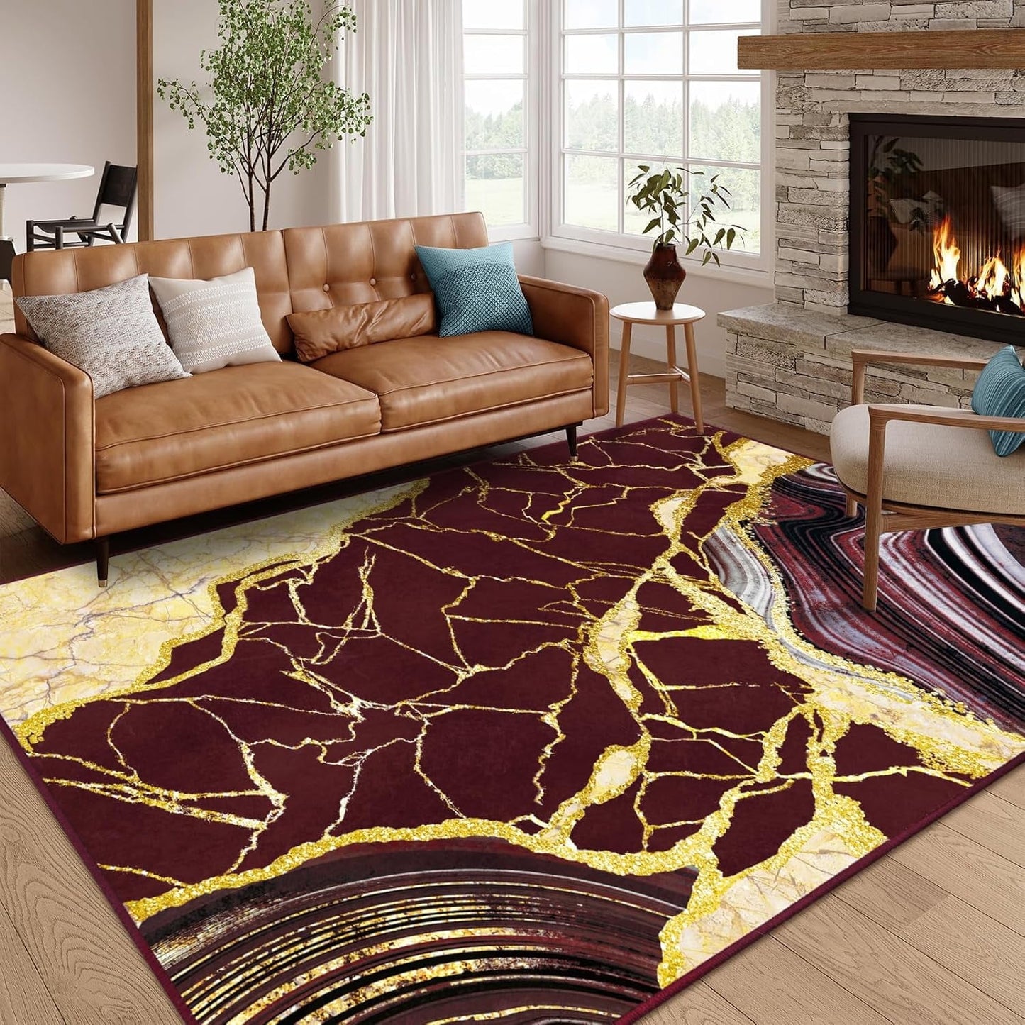 Bleum Cade 5'x7' Area Rugs for Living Room, Marble Swirl Abstract Rug Ultra Soft Washable Rugs for Bedroom, Anti Slip Durable Carpet Home Decor for Dining Room,Red Gold