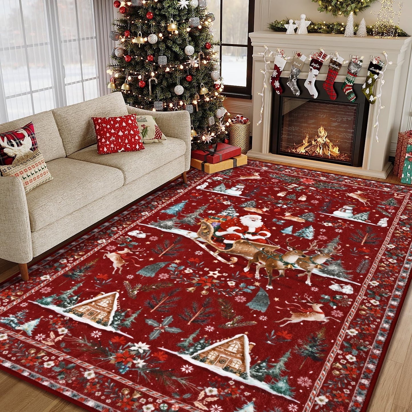 Bleum Cade Christmas Rugs for Living Room 5x7 Area Rug,Christmas Santa Washable Rugs for Bedroom,Soft Faux Wool Non Slip Bedroom Rugs,Winter Red Large Carpet for Dining Room,Christmas Decorations