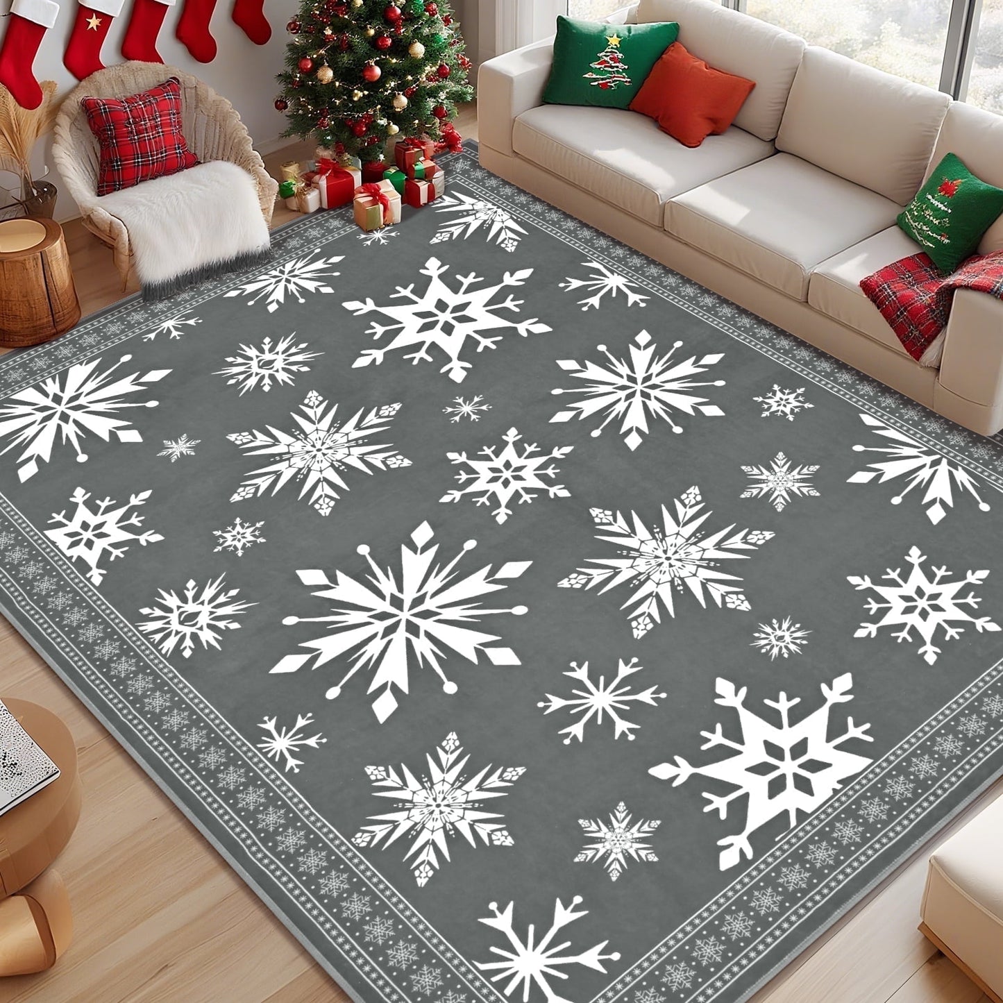 Bleum Cade Christmas Snowflake 5'x7' Area Rugs for Living Room,Gray Washable Rugs for Bedroom Dinning Room,Soft Low Pile Rug,Non Slip Durable Large Carpet for Christmas Decorations