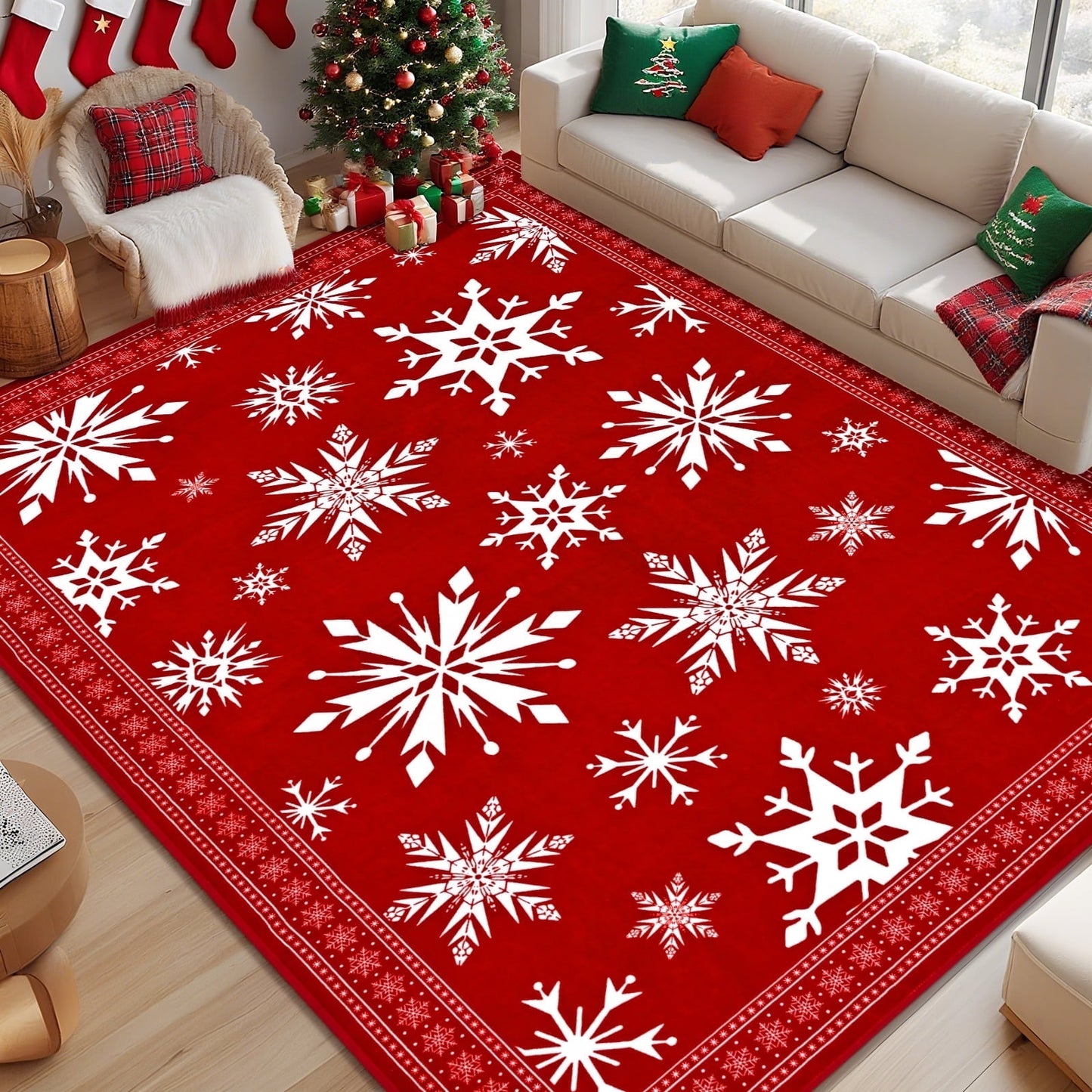 Bleum Cade Christmas Snowflake 5'x7' Area Rugs for Living Room,Red Washable Rugs for Bedroom Dinning Room,Soft Low Pile Rug,Non Slip Durable Large Carpet for Christmas Decorations