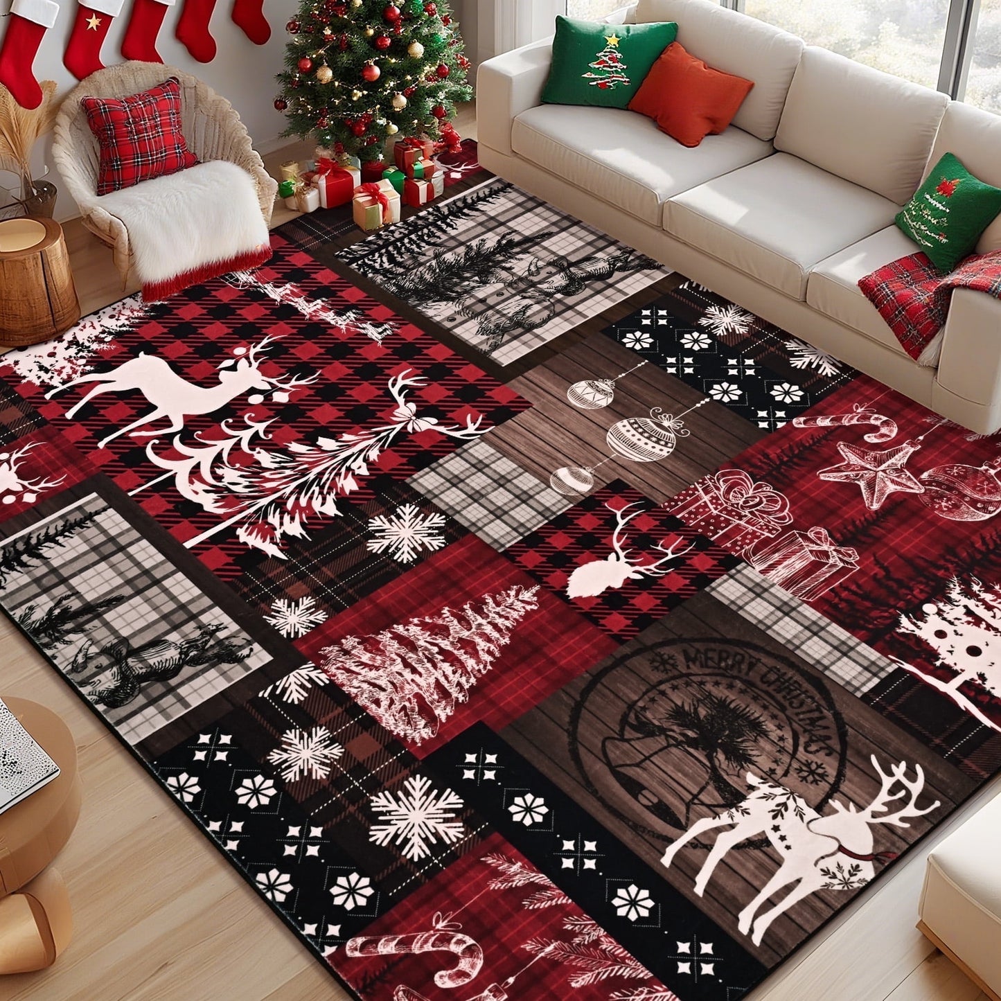 BLEUM CADE Christmas Area Rug 3x5 Rugs for Bedroom,Soft Low Pile Washable Rug,Xmas Tree Snowflake Non Slip Throw Rugs Winter Elk Christmas Carpet for Holiday Decor