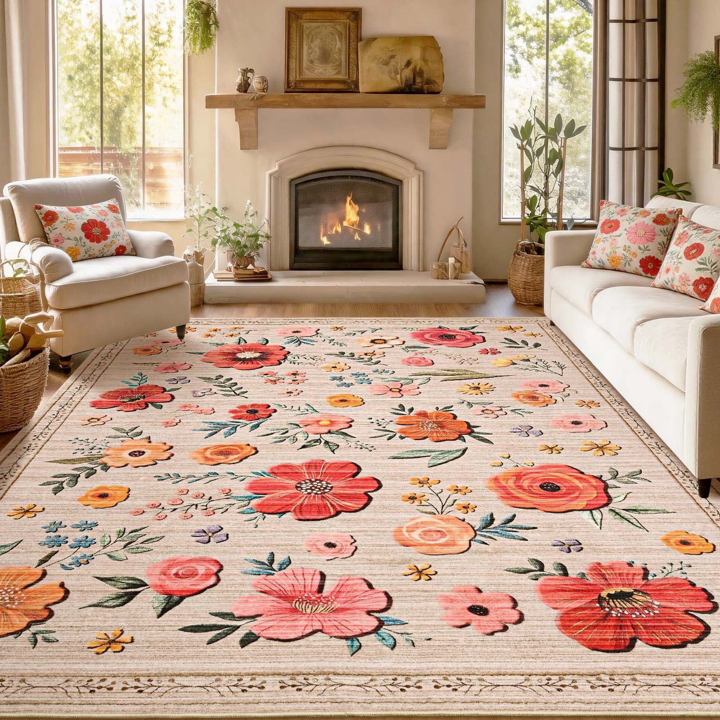 Bleum Cade 5'x7' Boho Floral Area Rugs for Living Room, Machine Washable Rug for Bedroom, Non Slip Low Pile Ultra Soft Faux Wool Rug Indoor Carpet for Dining Room