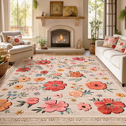 Bleum Cade 5'x7' Boho Floral Area Rugs for Living Room, Machine Washable Rug for Bedroom, Non Slip Low Pile Ultra Soft Faux Wool Rug Indoor Carpet for Dining Room