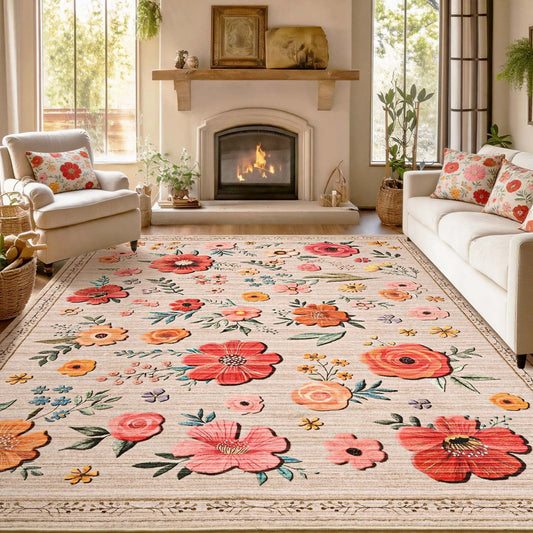 Bleum Cade 5'x7' Boho Floral Area Rugs for Living Room, Machine Washable Rug for Bedroom, Non Slip Low Pile Ultra Soft Faux Wool Rug Indoor Carpet for Dining Room
