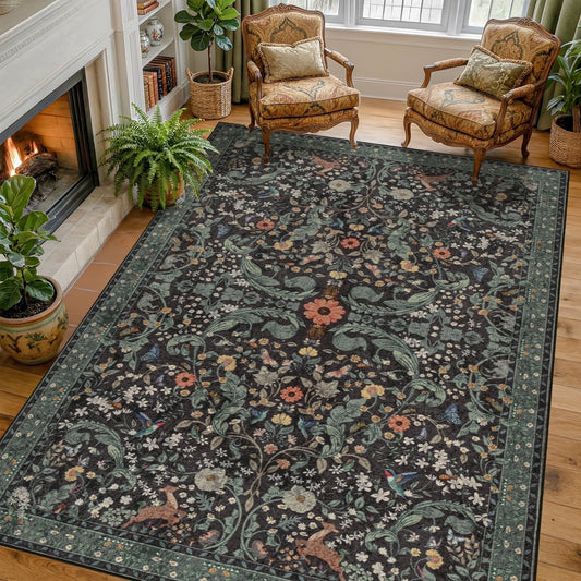 Bleum Cade 5'x7' Dark Floral Area Rug for Living Room, Vintage Boho Washable Low Pile Rug, Distressed Retro Ultra Soft Non Slip Stain Resistant Indoor Carpet for Bedroom Dining Room Home Decor