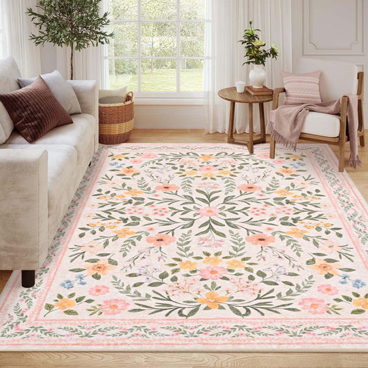 Bleum Cade 5'x7' Pink Rugs for Living Room,Boho Washable Floral Rugs for Bedroom Girls Room Decor,Ultra Soft Faux Wool Non Slip Low Pile Stain Resistant Carpet for Kids Living Dining Room Indoor