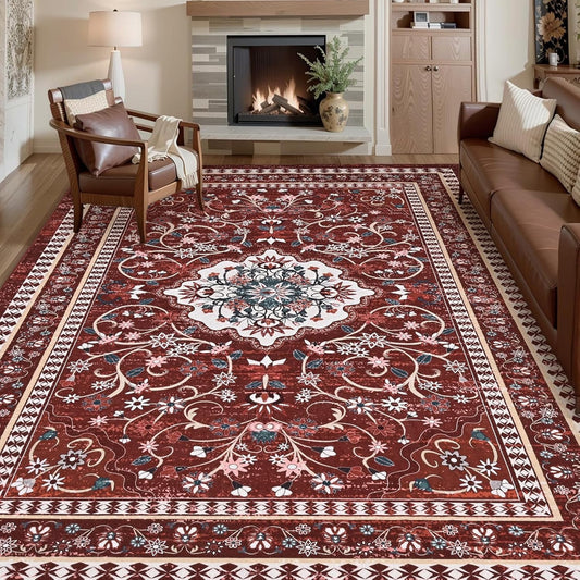 Bleum Cade 8'x10' Area Rugs for Living Room, Washable Rugs Vintage Rugs for Bedroom Dinning Room,Boho Floral Rug Ultra Soft Non Slip Durable Large Carpet Home Decor, Red