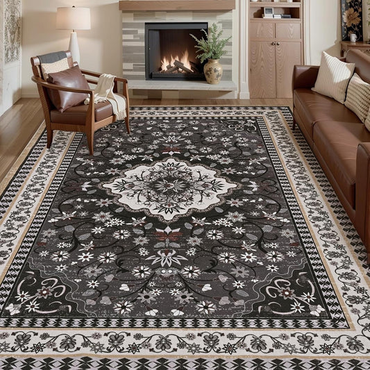 Bleum Cade 8'x10' Area Rugs for Living Room, Washable Rugs Vintage Rugs for Bedroom Dinning Room,Boho Floral Rug Ultra Soft Non Slip Durable Large Carpet Home Decor, Black