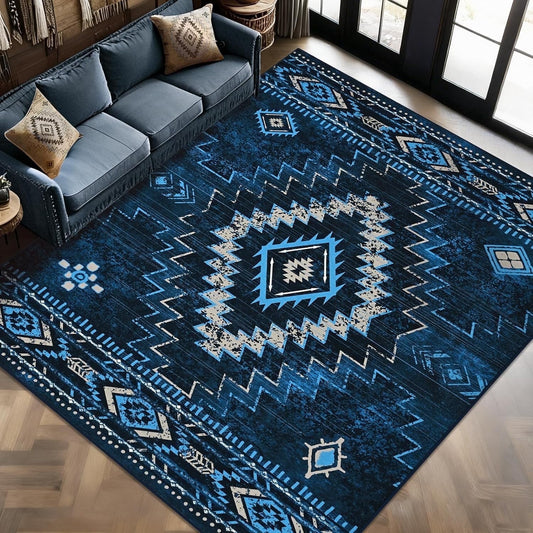 Bleum Cade Western 8x10 Rugs for Living Room, Moroccan Washable Rugs for Bedroom, Non-Slip Boho Indoor Rug, Soft Low Pile Stain Resistant Geometric Floor Large Carpet Home Decor,Blue