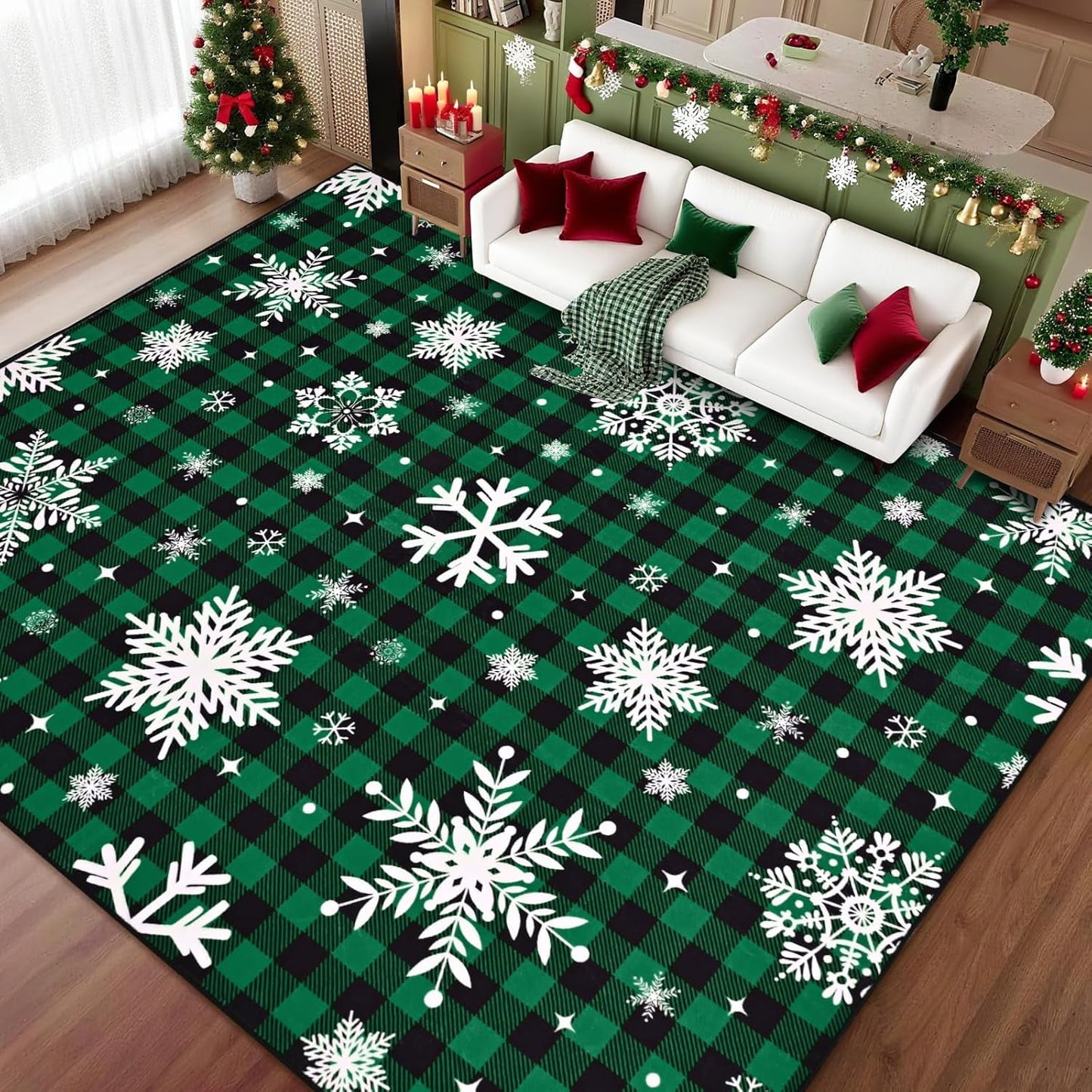 Bleum Cade Christmas Snowflake 5'x7' Area Rugs for Living Room, Washable Rugs for Bedroom Dinning Room,Red Buffalo Plaid Rug Ultra Soft Non Slip Durable Large Carpet Home Decor
