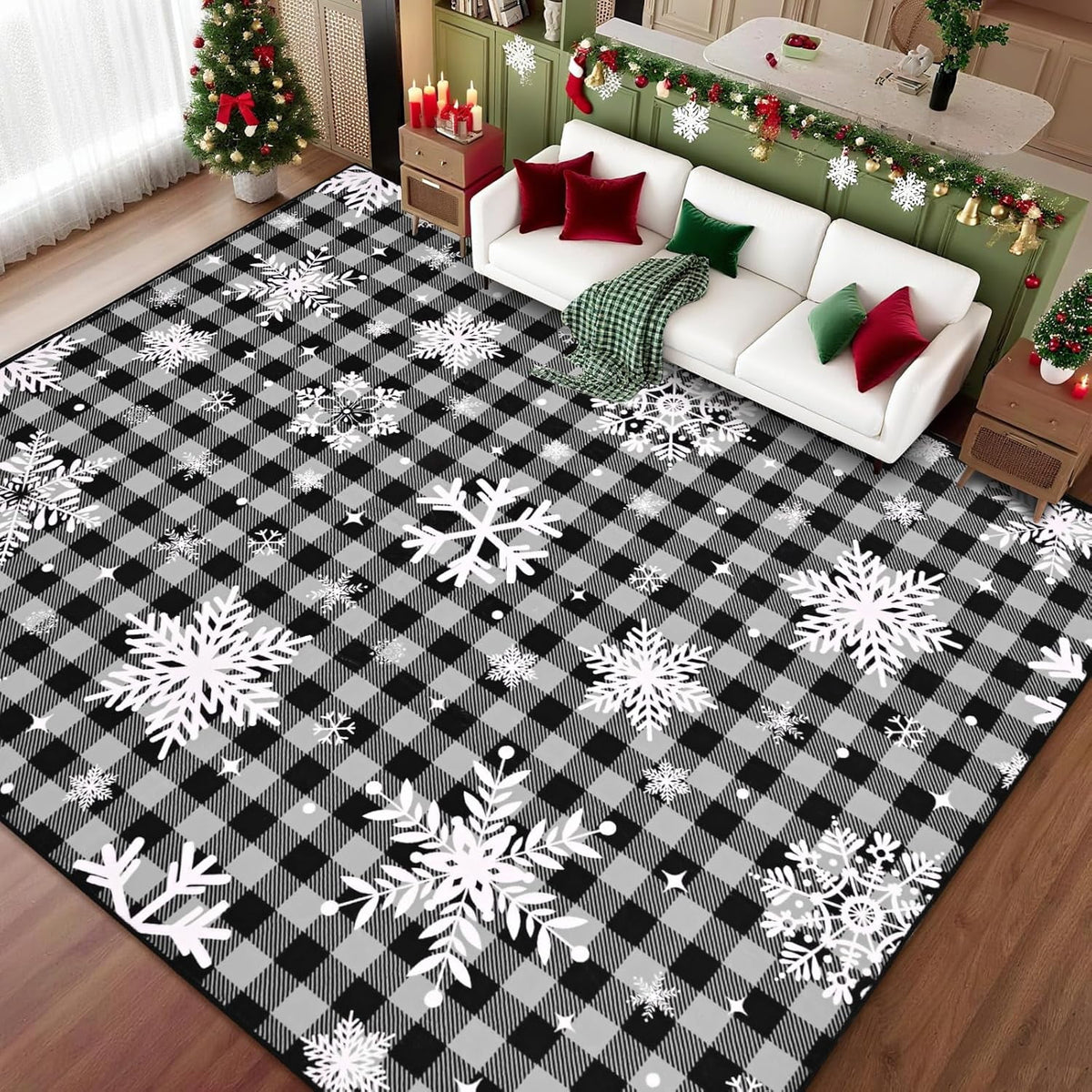 Bleum Cade 8'x10' Christmas Snowflake Area Rugs for Living Room, Washable Rugs for Bedroom Dinning Room,Red Buffalo Plaid Rug Ultra Soft Non Slip Durable Large Carpet Home Decor