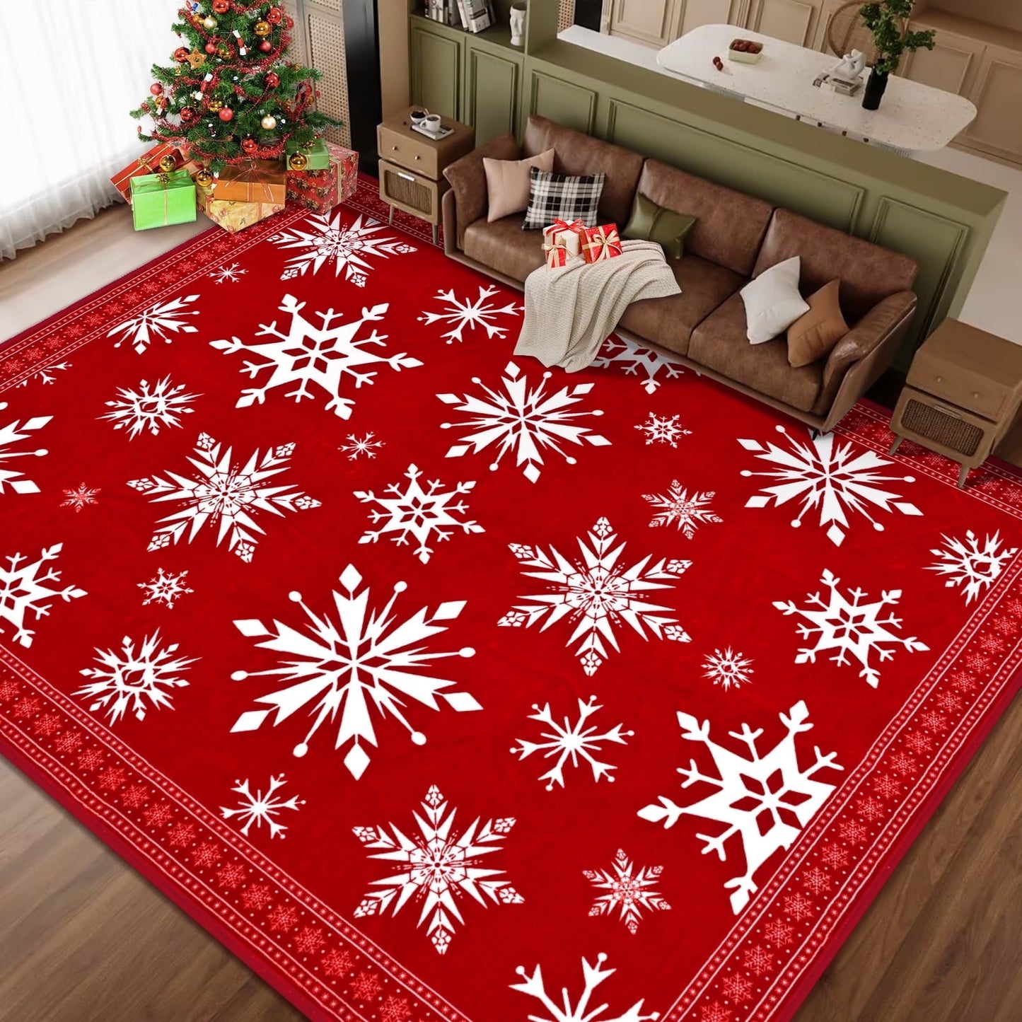 Bleum Cade Christmas Rug for Living Room 8x10 Area Rugs, Snowflake Washable Rugs for Bedroom Dinning Room,Red Soft Low Pile Rug,Non Slip Durable Large Carpet for Christmas Decorations