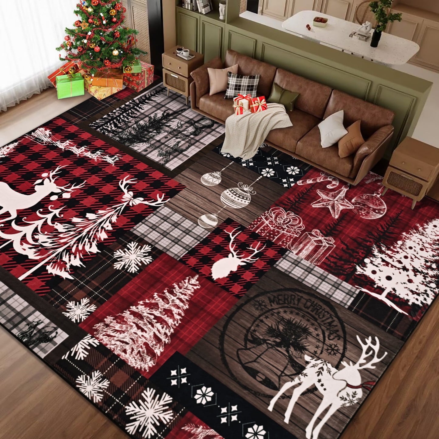 Bleum Cade Christmas Rugs for Living Room 5x7 Area Rug, Christmas Tree Washable Rug for Bedroom, Non Slip Durable Soft Buffalo Plaid Throw Rugs Xmas Carpet for Dining Room