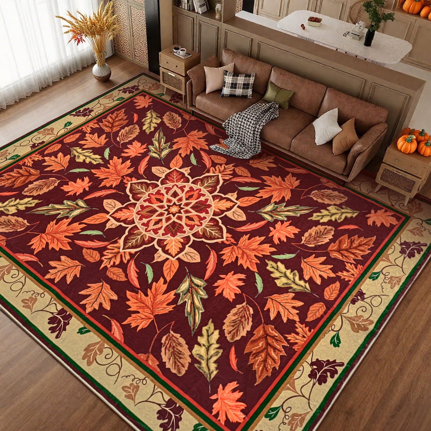 Bleum Cade 5'x7' Fall Area Rugs for Living Room,Boho Floral Rug Ultra Soft Washable Rugs for Bedroom, Maple Leaf Anti Slip Durable Carpet Home Decor for Dining Room