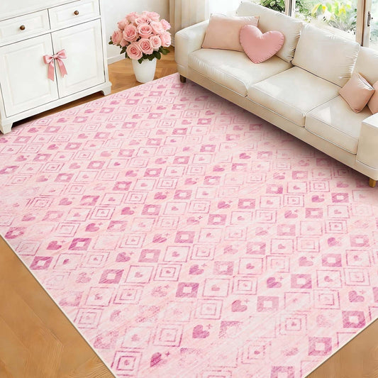 Bleum Cade Valentine's Day Rugs for Living Room 8'x10' Pink Washable Rugs for Bedroom, Diamond-shaped Grid Low Pile Carpet, Ultra Soft Non Slip Durable Large Area Rugs for Home Decor
