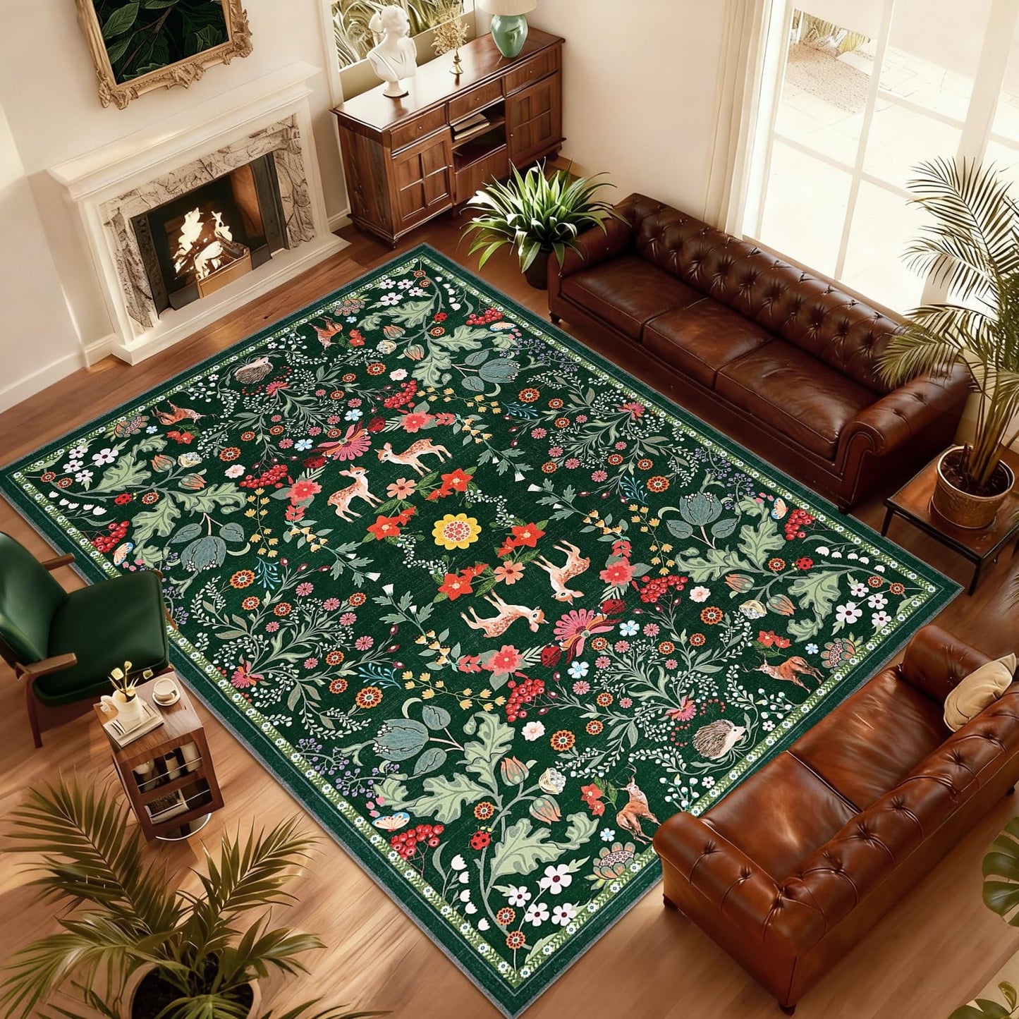 Bleum Cade 8x10 Area Rugs Floral Washable Rugs for Living Room Green Rug Non Slip Soft Low Pile Faux Wool Botanical Throw Rug for Bedroom, Dining Room, Office, Home Decor