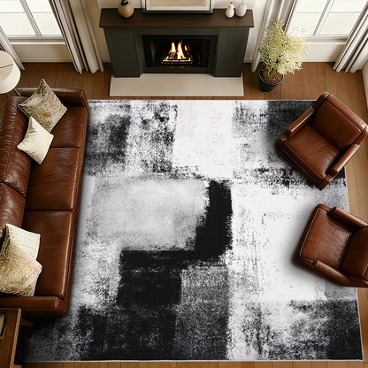 Bleum Cade 9x12 Abstract Area Rugs for Living Room, Patchwork Modern Geometric Rug Non Slip, Washable Soft Bedroom Rug Stain Resistant, Indoor Rugs Low Pile Carpet for Dining Room,Black