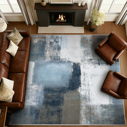 Bleum Cade 9x12 Abstract Area Rugs for Living Room, Patchwork Modern Geometric Rug Non Slip, Washable Soft Bedroom Rug Stain Resistant, Indoor Rugs Low Pile Carpet for Dining Room,Blue
