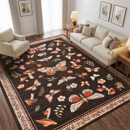 Bleum Cade 8'x10' Large Area Rugs for Living Room,Washable Rugs Butterfly Mushroom Rugs for Bedroom,Super Soft Low-Pile Non Slip Foldable Carpet for Office Nursery Dining Room,Brown